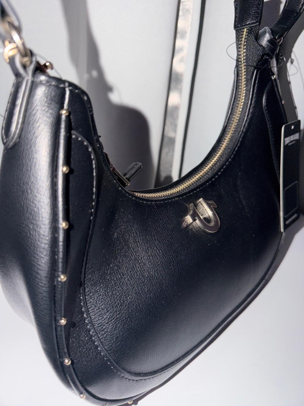 True Religion Black Leather Crescent Shoulder Bag with Gold Hardware - Picture 8 of 10
